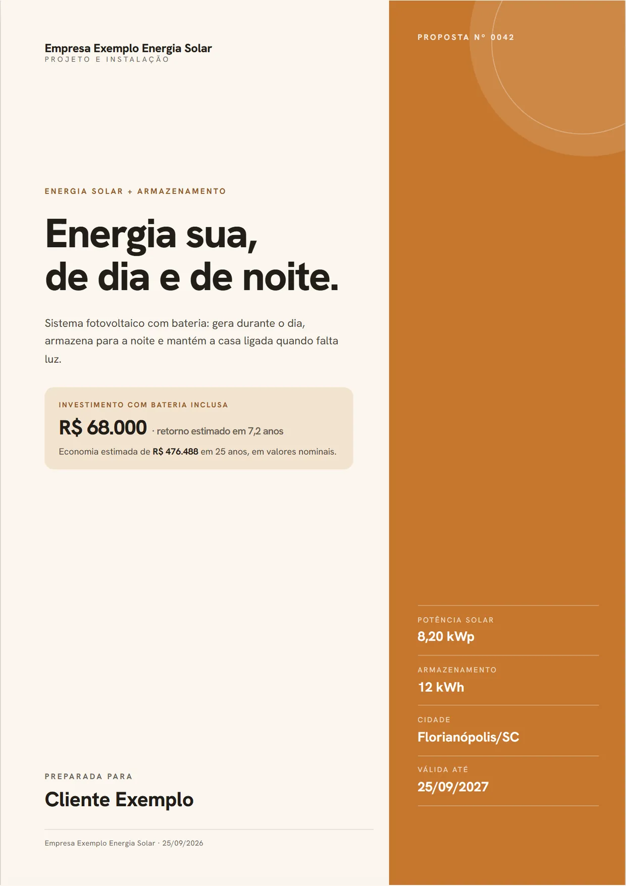 Capa de uma proposta de energia solar gerada no ionluz, com o nome da empresa, o valor do investimento, o retorno estimado e a potência do sistema